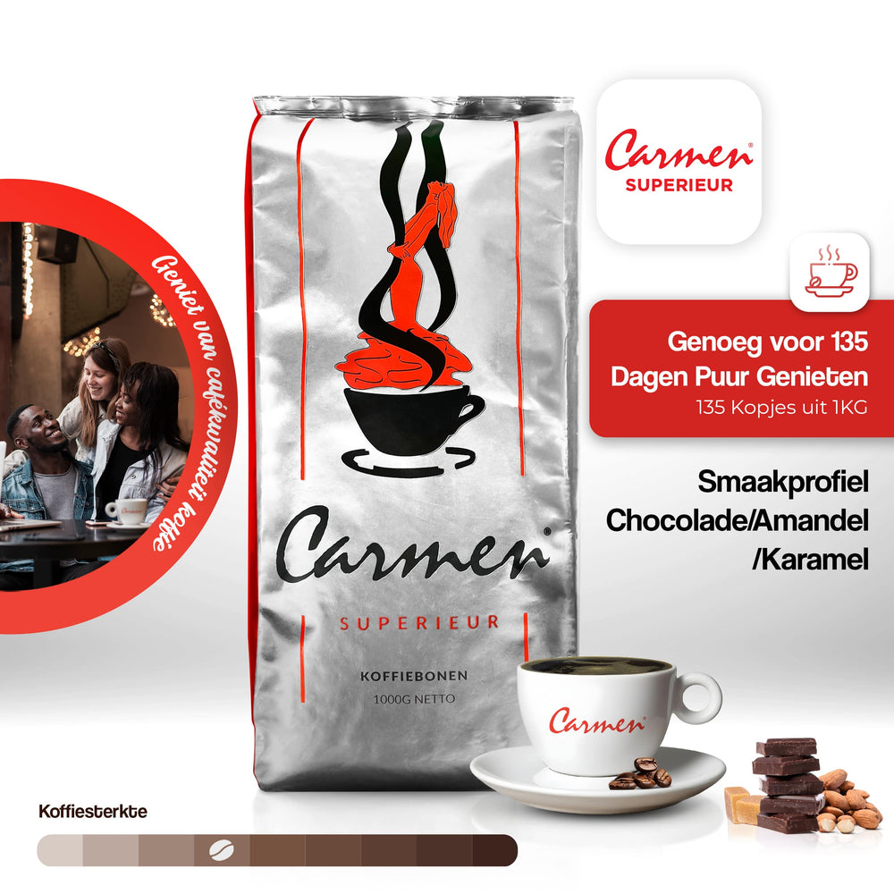 Carmen Superieur koffie van CaféHuis – premium koffiebonen, goed voor 135 kopjes uit 1 kg. Smaakprofiel van chocolade, amandel en karamel, met een volle en romige afdronk. Perfect voor liefhebbers van zachte cafékwaliteit thuis, ideaal voor espresso en cappuccino. Geniet van authentieke koffiebeleving met intense smaak en rijke aroma’s