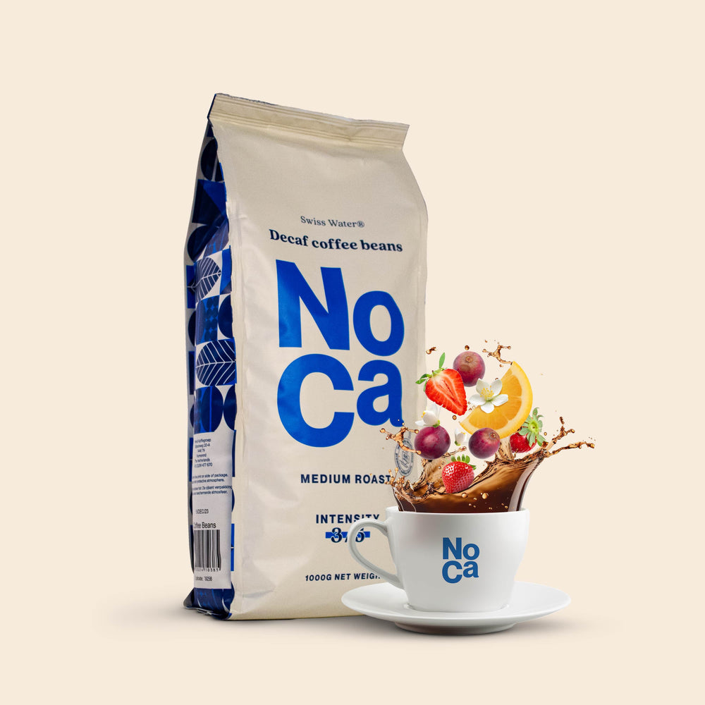 NoCa cafeïnevrije koffiebonen – Swiss Water Process, decaf koffie met zachte smaak, karamel, fruittonen, medium roast, cafékwaliteit.