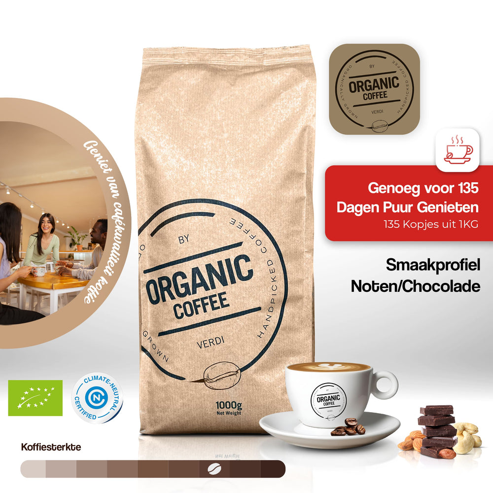 Organic Coffee van CaféHuis: 100% biologisch, Climate Neutral gecertificeerd. Smaakprofiel: noten, pure chocolade, diep en vol aroma. Ideaal voor espresso en cappuccino. Krachtige koffiebonen voor liefhebbers van duurzame, intens smaakvolle koffie. Perfect voor barista-kwaliteit thuis. Handgeplukt, slow roast voor optimale smaak. 135 kopjes per kilo. Geschikt voor volautomaat en pistonmachines.